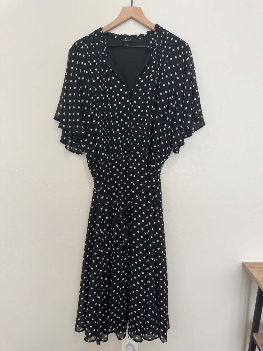 Torrid Size 3 Midi Chiffon Ruffle Neck Pintuck Dress Black and White Polka Dots - Picture 2 of 10